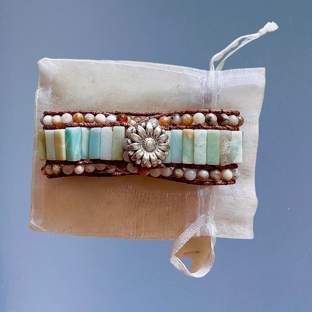 *VINTAGE* Handmade Crystal Healing Amazonite & Agate Wrap Bracelet
